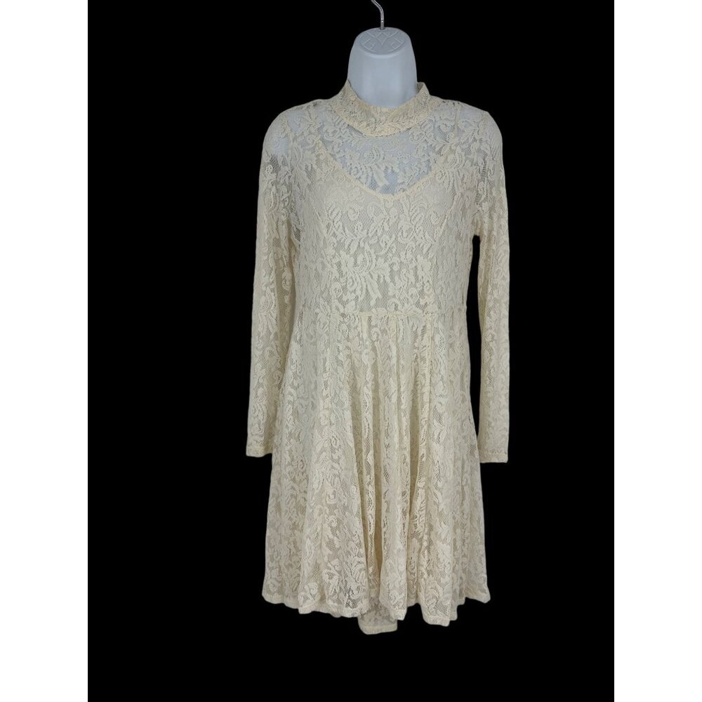 Free People Hearts Delight Lace Overlay Mock Turtleneck Long Sleeve Dress Size S